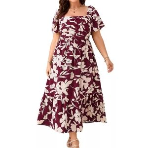 Floral Burgundy Pleated Maxi Dress